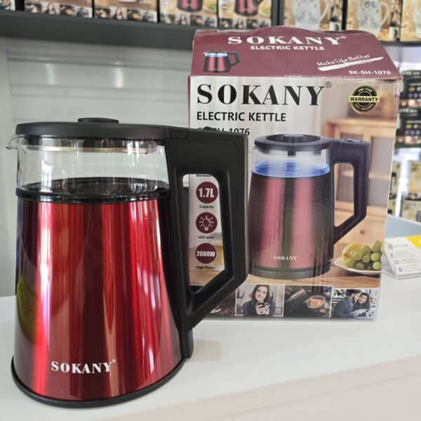 Чайник електричний, металевий зі скляною колбою Sokany 1076
