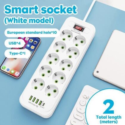 Мережевий подовжувач/фільтр/резвітлювач (D10) (5м, LED, 10-220V, 4-USB, 1-PD (Type-C))