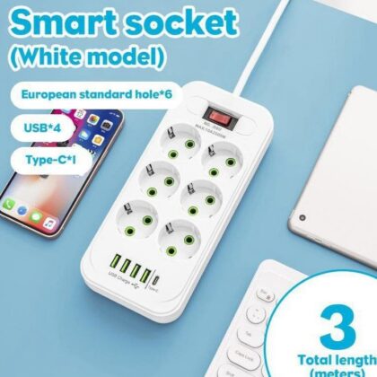 Мережевий подовжувач/фільтр/резвітлювач (D6) (3м, LED, 6-220V, 4-USB, 1-PD (Type-C))