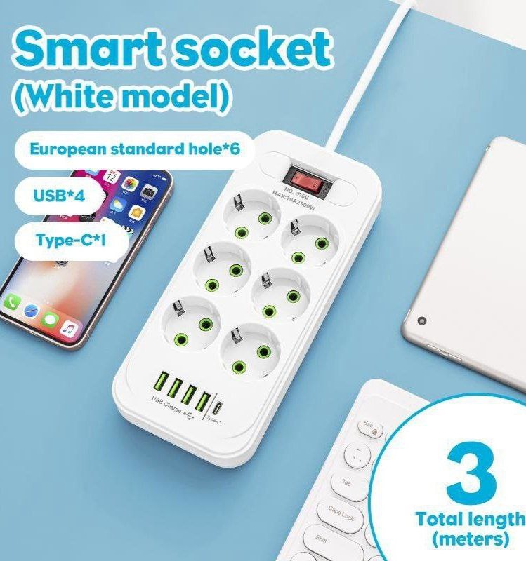 Мережевий подовжувач/фільтр/резвітлювач (D6) (3м, LED, 6-220V, 4-USB, 1-PD (Type-C))